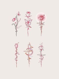 six different types of flowers are shown in red and pink ink on a white background