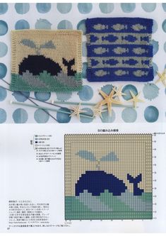 cross - stitch pattern with whale and starfish on blue polka dot background, in japanese