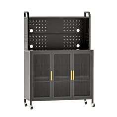 a metal cabinet with two doors and three shelves