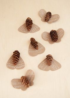 pine cones are arranged in the shape of butterfly wings on a white surface with scissors