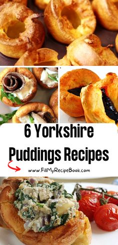 six yorkshire puddings with different toppings and the title overlay reads 6 yorkshire puddings recipes