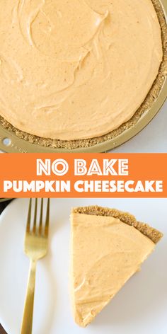 no bake pumpkin cheesecake on a plate with a fork