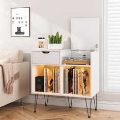 an entertainment center with record players and records