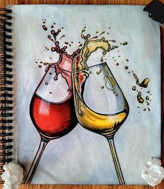 a drawing of two glasses of wine with splashing liquid on them, one is red and the other is yellow