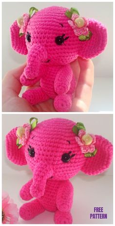 two pictures of an elephant with flowers on its head, and the same one in pink