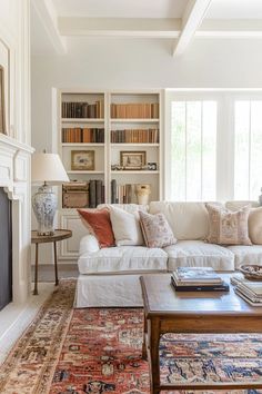 a living room filled with furniture and bookshelves next to a fire place in front of a window