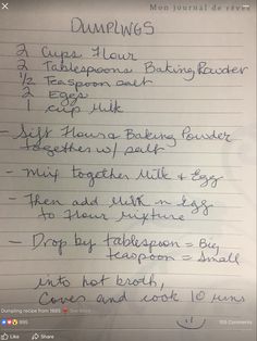 a handwritten recipe for dumplings