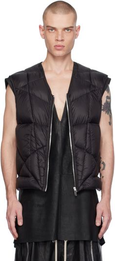 Down-filled and quilted GRS-certified recycled nylon sateen vest. · V-neck · Zip closure · Press-stud seam pockets · Fully lined · Logo-engraved silver-tone hardware Supplier color: Black Fill: 90% goose down, 10% mallard feathers. Rick Owens Shawl, Black Leather Vest, Mens Black Leather, Outerwear Vest, Silver Engraving, Mallard, Down Vest, Leather Vest, Press Studs