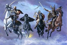 three men on horses are riding through the clouds with two swords in their hands and one is holding his head