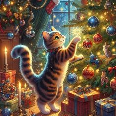 a cat standing on its hind legs in front of a christmas tree with presents under it