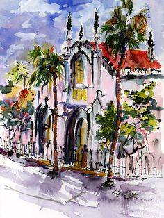 a watercolor painting of a church with palm trees