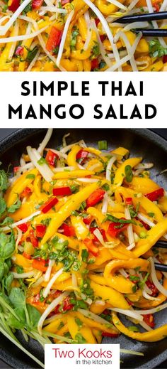 two photos with the words simple thai mango salad on them and in front of it