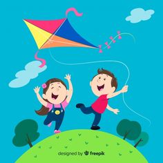 two children are flying a kite in the sky