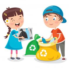 two children are sorting garbage into bags