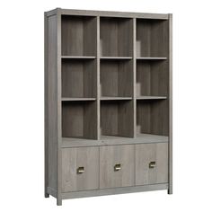 an open bookcase with four drawers and two doors on the front, one door is closed