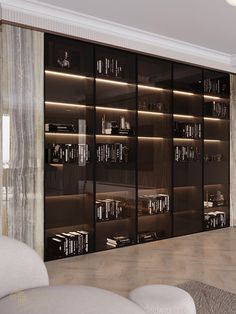 a living room filled with lots of furniture and bookshelves covered in glass doors