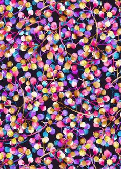 an abstract background with many small colorful balls on the branches and leaves, all in different colors