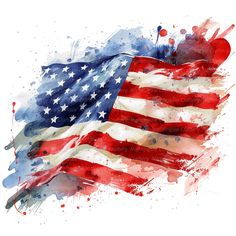 an american flag painted in red, white and blue watercolors on a white background