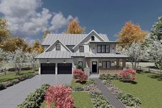 this is an artist's rendering of the front of a house with landscaping and trees