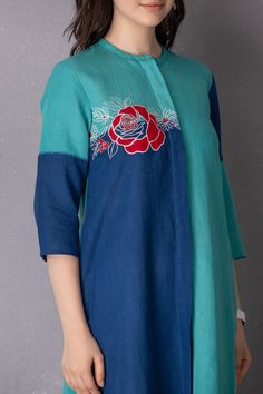 Buy Blue Cotton Linen Embroidered High Low Colour Block Tunic And Pant Set For Women by Tanu Malhotra Online at Aza Fashions. Girls Kurti, White Pant, Coord Sets, Hand Painted Dress, Face Pattern, Kurti Patterns, Simple Kurti Designs, Kurti Embroidery Design, Dress Design Patterns