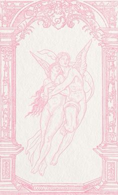 a drawing of an angel holding a woman in pink ink on white paper with ornate border