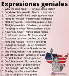 a poster with the words expressions geniales written in english and spanish on it