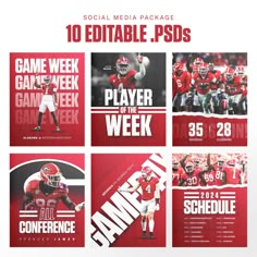 the front and back covers of social media package for college football players, including player of the week