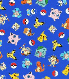 a blue background with many different pokemon characters on it, including pikachu and eena