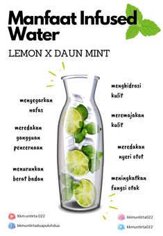 lemon and mint infused water in a glass pitcher with the words lemon x daun mint