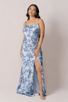 Steph Satin Floral Print Dress Sky Blue Dress Formal, Pastel Floral Dress, Satin Formal Dress, Wedding Parties Colors, Floral Overlay, Large Floral Print, Bridesmaid Dress Colors, Satin Color, Pastel Floral