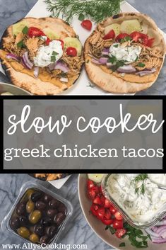 slow cooker greek chicken tacos with olives and tomatoes