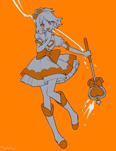 a drawing of a girl in an orange dress holding a baseball bat with her right hand