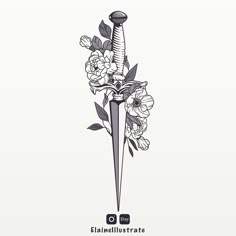 a drawing of a knife with flowers on the side and an arrow in the middle