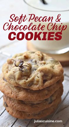 pecan chocolate chip cookies stacked on top of each other next to a glass of milk