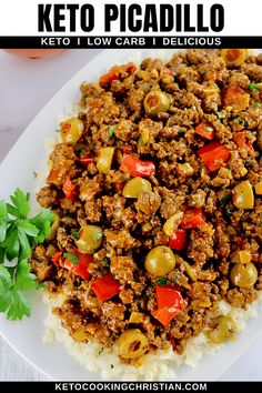 keto picadillo on a plate with rice and garnished olives