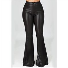 Black Faux Leather Flare Pants. Never Worn. Smoke Free Home Black Leather Bottoms For Going Out, Black Faux Leather Pants For Going Out, Black Leather Pants For Date Night, Leather Flare Pants, Blue Flare Jeans, Black Leather Pants, High Waist Pants, Black Flare, Flare Trousers