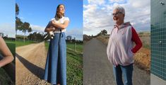 three different pictures of women with their dogs