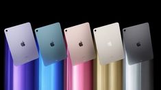 the new ipads are lined up in different colors and sizes, including blue, pink, yellow, green, purple, red