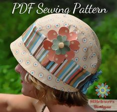 a woman wearing a hat with flowers on it and the words pdf sewing pattern