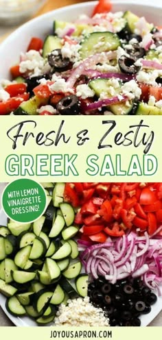 fresh and zesty greek salad with cucumbers, tomatoes, black olives, red onion, feta cheese in a white bowl