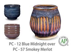 three vases with different designs on them and the text pc - 12 blue midnight over pc - 75 smokey merlot