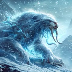 a white tiger with blue eyes and long claws on it's back, sitting in the snow