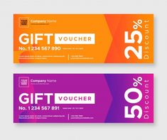 two colorful gift vouchers with an orange and purple background