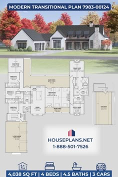 This 4 bedroom, 4 bathroom Modern Transitional house plan features 4,038 sq ft of living space. Modern Transitional House Plans, Contemporary Floor Plans, Transitional House Plans, Floor Plans Ranch, Courtyard Entry, 4 Bedroom House Plans, Bathroom Modern, Country Dance, Family House Plans