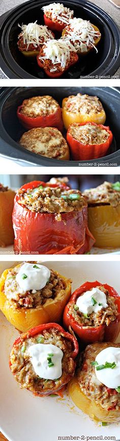 stuffed peppers are being cooked in the slow cooker and then put in the oven