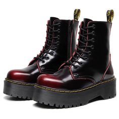 Burgundy Red Lace Up Platform Marten Boots for just $119.95 Womens Boots Doc Martin, Luxury Red Chelsea Boots With Round Toe, Red Platform Combat Boots, Ruby Platform Boots, Docs Platform, Red Docs, Red Doc Martens, Ankle Cowboy Boots, Women Platform Sneakers