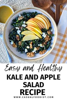 You've got to try this easy kale and apple salad recipe with a homemade Maple Dijon Viniagrette. This kale and apple salad is a healthy and delicious salad for fall and winter. With an easy homemade dressing this kale and apple salad with maple dijon vinagrette is perfect as a light lunch, as part of dinner or even as part of a holiday meal. The best kale and apple salad recipe. www.casualfoodist.com Apple Salad Recipe, Kale Salad Recipes