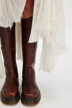 Dr. Martens Amaayah Hi Boots | Free People Brown Tall Boots Outfit, Knee High Brown Leather Boots, Hot Tamale, Slouchy Jeans, Boots Fall, Brown Leather Boots, Lug Sole, Boots Outfit