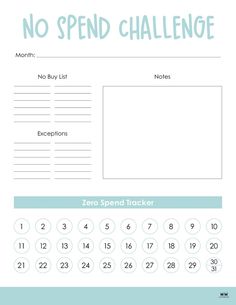 a printable no spend challenge with numbers