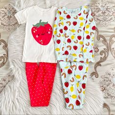 Brand: Old Navy Size: 5 Qty: 4-Piece Color: Red, Yellow Aqua & Ivory Material: 100% Cotton Details: New With Tag. Strawberry, Lemon & Rainbow Print Pattern. Short Sleeve & Long Sleeve Tops. Full Length Leggings. Snug Fit. Smoke & Pet Free Home. Offers Welcome. Red Family Matching Bedtime Sets, Playful Red Sleepwear For Sleepovers, Playful Red Sleepwear For Sleepover, Playful Red Sleepwear Sets, Red Playful Sleepwear Sets, Playful Red Sleep Sets, Red Bedtime Sets For Spring, Playful Red Sleepwear For Pajama Party, Playful Red Loungewear Sets